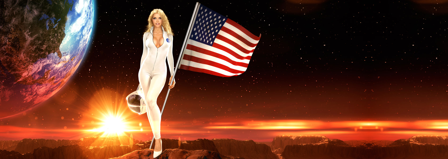 Splash image of a sexy blonde holding the American flag